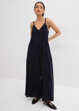 bonprix Jumpsuit mit verstellbaren Trägern aus Viskose-Mix, schwarz, Gr.48, Jumpsuit in lockerer Passform mit V-Ausschnitt und weitem Bein sowie einem verdecktem Reißverschluss. Verstellbare Doppelträger mithilfe von Knöpfen für eine perfekte Passfor