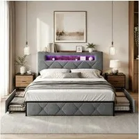 Simurq Polsterbett 140x200cm Stauraumbett mit LED, Ladefunktion und 4 Schubladen (Packung, 1-tlg., Doppelbett Mit Stauraum Kopfteil und Lattenrost), Samt Schubladenbett für Jungen und Mädchen