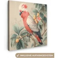 OneMillionCanvasses® Leinwandbild Rosahaubenkakadu - Zweig mit Früchten - Blätter, Fotodruck (1 St), Wandbild, Deko Schlafzimmer Wohnzimmer Flur 20x20 cm