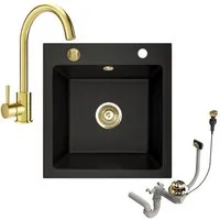 Faizee Möbel Granitspüle Granitspüle 49x52 +Armatur Gold Küchenspüle Spülbecken inkl. Siphon, eckig, 49/52 cm