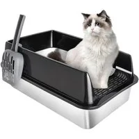 JEOBEST Katzentoilette Katzenklo Edelstahl XL, Offene Katzenklo, Nicht klebrig, mit Pedals und Schaufel, Geruchsfrei und langlebig