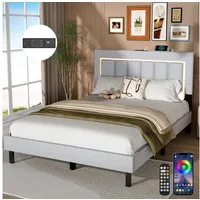oyajia Polsterbett Bett Kinderbett Polsterbet Gästebett (Mit Lattenrost,PU-Leder material Polsterbett,Kinderbett, Kopfteil hochstellbar), mit LED-Beleuchtung, Ladefunktion,App/Fernbedienung