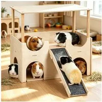 BlingBin Kleintierkäfig Meerschweinchen Versteck aus Holz Meerschweinchenburg mit Treppe, für Zwerg Hamster Rennmäuse Degus Stachelmäuse Kaninchen