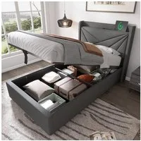 Flieks Polsterbett, Massivholz Stauraumbett mit USB/Typ-C Ladeanschluss 90x200cm Leinen