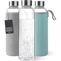 Moritz & Moritz Trinkflasche Trinkflasche Glas 500ml (Blau/Grau), schützender Neoprenbezug & Trageschlaufe