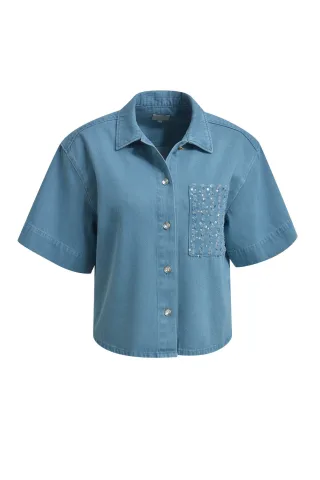 Milano Italy - shirtblouse, chestpocket + wide 1/2 sleeve denim - Gr. - 40