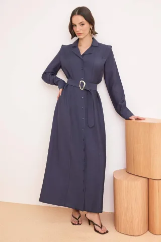 Damen marineblaues, flaches Maxikleid mit Hijab-Absatz, lang, lässig/alltagstauglich