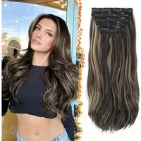 LuxusKollektion Kunsthaar-Extension Haarverlängerungen Clip in Extensions Dunkelbraun mit Highlight 50 cm