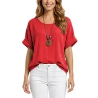 dy_mode Kurzarmbluse Damen Kurzarm Bluse Leichte Sommer Tunika Baumwollbluse Oberteil in Unifarbe, mit passende Kette