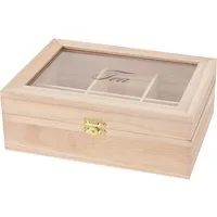 Koopman Teebox Teekasten Teekiste 6 Fächer MDF 21x16x7,5 cm Aufbewahrung Beige, Holz, (Stück, 1-tlg., Packung), Teekiste, 6 Fächer, Teeaufbewahrung, Glasdeckel, Holzkiste