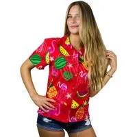 King Kameha Hawaiihemd Flamingo Melone Funky Hawaiibluse Damen Kurzarm Front-Tasche Stylish