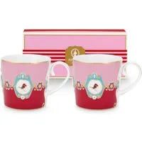 PiP Studio Becher Love Birds Medallion Red-Pink Henkelbecher Small 0,15l Set2, Porzellan