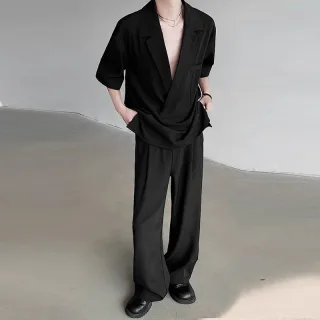INCERUN Men's Two-piece Outfits, Suit Collar Draped Short Sleeve Shirt + Pant, Casual Comfy Loose Suits For Summer