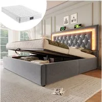 STILVORA Polsterbett 140x200 mit Matratze&Bettkasten,Jugendbett Bettrahmen mit LED&USB (Struraumbett, Funktionsbett, 2-tlg., mit Stauraum, modernes Jugendbett mit Lattenrost), Hydraulisches Bett mit LED-Diamantstreifen, USB & Type-C Ladestation
