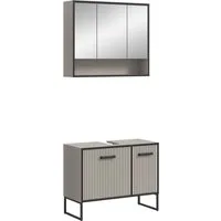 welltime Badezimmer-Set LOCRI, 2-tlg. Badkombination, Breite 80 cm, Rillenoptik, Metallkufen, (2-St., bestehend aus: Waschbeckeunterschrank & Spiegelschrank), Bad-Kombination, Bad-Möbel, Badezimmer, Kombination, Kombi