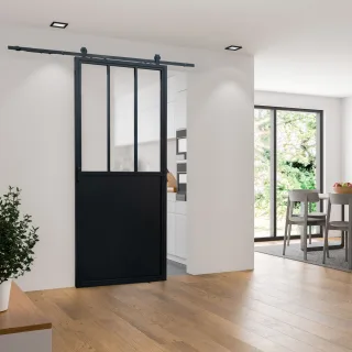 Loftschiebetür 900x2150mm aus Stahl in schwarz mit Glaseinsatz satiniert