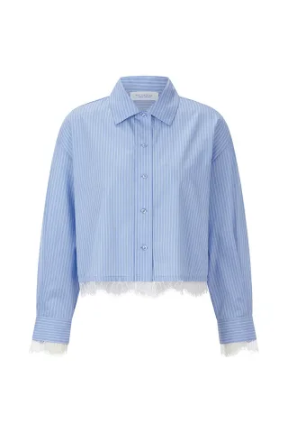 Rich & Royal - Cropped Cotton Blouse with Contrast Lace skyway blue - Gr. - 34