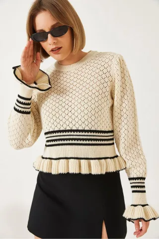 Rippstrick-Baklava-Muster Rundhals-Crop-Pullover