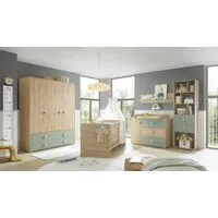 PREISBRECHER Babyzimmer-Komplettset Birta, (5-teilig) Eiche / Salbei, Schrank, Bett, Kommode, Regal, Board