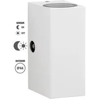 TRANGO LED Außen-Wandleuchte, Helligkeitssensor, 8013-SSWL LED UP & DOWN IP44 Außenwandleuchte aus Aluminium, Wandstrahler modern in ECKIG Weiß mit Dämmerungssensor (automatische Tag & Nacht-Schaltung) inkl. 2x 5 Watt warmweiß GU10 LED Leuchtmittel, 
