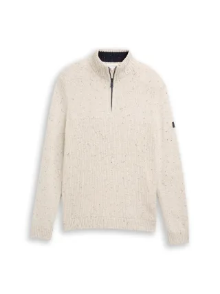 Tom Tailor - Troyer Strickpullover mit Strukturmix offwhite melange multi neps - Gr. - M