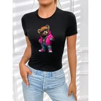 RMK Print-Shirt Damen Shirt kurzarm Rundhalsshirt coolen "Lederjacke Teddy Bär" aus 100% Baumwolle