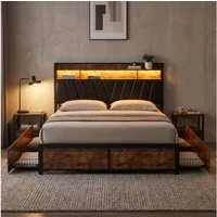 Simurq Metallbett LED-Metall-Doppelbett mit Stauraum im Kopfteil und Lattenrost (1 Set, Bettgestell mit vier Schubladen und Kopfteil), Metallbettgestell, mit vier Schubladen, in drei Größen erhältlich