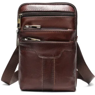 Ekphero Men's Genuine Leather Crossbody Bag with Zipper Mobile Phone Shoulder Bag Small Travel Waist Bag Multi-Pockets M