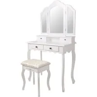 ML-DESIGN Schminktisch Kosmetiktisch mit Spiegel und Hocker aus MDF Holz Make-up Tisch, Tisch 75x140x40 cm Weiß mit Spiegel klappbar und 4 Schubladen