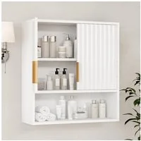 Karlhome Wandhängeschrank Badezimmerschrank mit 2 Türen und offenem Fach, 58 x 20 x 62 cm, Badschrank mit verstellbarer Ablage, Wandmontage, Weiß
