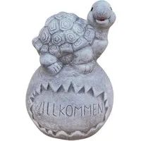 Stone and Style Gartenfigur Frostfeste Steinfigur Schildkröte auf Kugel Willkommen