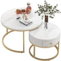 Merax Couchtisch Satztisch rund Beistelltisch mit Schublade (2-St), hochglanz Marmoroptik aus Holz mit goldenen Metallbeine