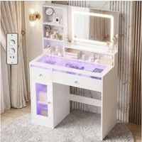 HOMALL Schminktisch LED-Schminktischspiegel mit einstellbarer RGB-Beleuchtung (Maße: 88 × 40 × 135 cm, 4 offene Ablagefächer, 2 Schubladen, 1 Schrank, 2 Steckdosenleisten, 1 USB-Anschluss, 1 Typ-C-Anschluss, Schminktisch, optional mit Hocker-Set erhä
