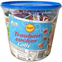 FRIGEO Süßigkeit Frigeo Traubenzucker Lollys – 100 Stück im Eimer, 3 Sorten, 750 g, 100 St.