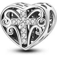 PANDACHARMS Bead Kreuz mit Steinen im verzierten Herz Charm, 925er Sterling Silber