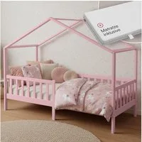 Bellabino Kinderbett Bia mit Rausfallschutz & Lattenrost (rosa, mit Matratze), Kinderbett aus Kiefernholz, verfügbar in 80x160/90/120/140x200 cm