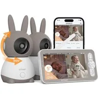 TWUFY Babyphone Split-Screen Babyphone mit 2 Kameras 5" HD Video Babyphone PTZ, Babyphone mit 2 Kameras und Audio, Weinen/Bewegungs/Geräuscherkennung, Bewegungsverfolgung, IR Nachtsicht, 360° Kamera,Temp&Feuchteerfassung