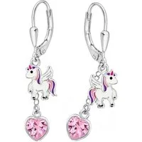 Goldene Hufeisen Paar Ohrhänger Einhorn Pferd mit Rosa Herz Zirkonia Klappbrisuren aus 925 Silber (1 Paar, inkl. Etui), Hypoallergen und hautfreundlich