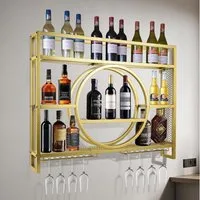 XERSEK Weinregal Wandmontierte Metal Flaschenregal Schwarz Gold Wein Regal Rack Schrank, Platz für 30 Flaschen, Maximale Belastung 50 kg, Klassischer Stil, 3 Ebenen, Aus Kohlenstoffstahl