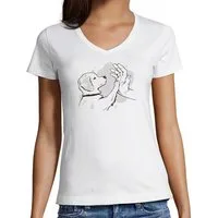 MyDesign24 T-Shirt Damen Hunde Print Shirt - Hundewelpen gibt high five V-Ausschnitt Baumwollshirt mit Aufdruck Slim Fit i241