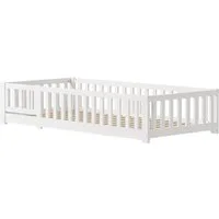 FUROKOY Kinderbett Bodenbett Massivholzbett mit Lattenrost, Holzbett Einzelbett 90x200cm mit Rausfallschutz,Weiß,Montessori