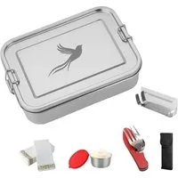 Little Lorien Lunchbox Brotdose Edelstahl 1200ml, 2 Fächer, Besteck, Trennwand & Servietten, Edelstahl, (5-tlg., 1 Brotdose, 1 Trenner, 1 Campingbesteck, 10 Papierservietten, 1 Sauce-Dose), Wiederverwendbar,auslaufsicher,Campingbesteck,Edelstahl,leic