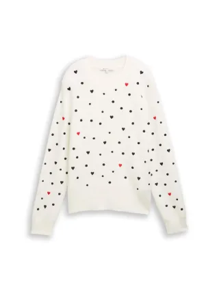 Denim Tom Tailor - Relaxed Fit Strickpullover mit Stickereien white black dots and hearts - Gr. - L