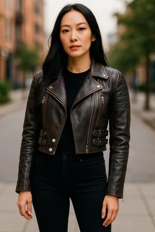 Damen Vintage Schwarze Cropped Brando Leder Bikerjacke-Durban