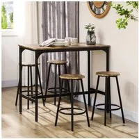 HOMCOM Bargruppe Bartisch mit Barhocker-Set mit 4 Barhocker Küchentisch, (Essgruppe, 5-tlg., Bartisch-Set), Rustikal-Braun MDF Eisen
