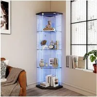 Simurq Glasvitrine Eckvitrine 162cm LED Sammlervitrine,4 Lagen Eck-Glasvitrine Stehend (Packung, Sammlervitrine Schauvitrine mit 1 türen und Schloss, Gehärtetes Glas) LED-Streifenbeleuchtung, Mit Schloss,Fünfeckiges Design,Einzeltür
