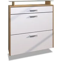 Vladon Schuhschrank Malea (hängender Schuhkipper für 16 Paar Schuhe, mit 1 Schublade und Glasablage) Schuhregal in Eiche Skandi / Weiß matt (89 x 95,5 x 23 cm)