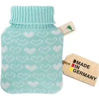 Hugo Frosch Wärmflasche Mini 0,2 l mit Strickbezug kleine Herzen, Made in Germany - Herzen mint
