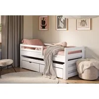 Kids Collective Jugendbett Einzelbett Kinderbett 90x200 cm, Lattenrost, Rausfallschutz Vollholz, 90x200 cm mit Rausziehbett 190x90 mit zwei Schubladen weiß