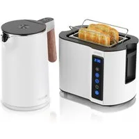 Arendo Frühstücks-Set Edelstahl Wasserkocher 1,5l, 2-Scheiben Kurzschlitz Toaster, weiß (2-tlg), Wasserkocher mit Temperatureinstellung, Toaster Brötchenaufsatz, Touch